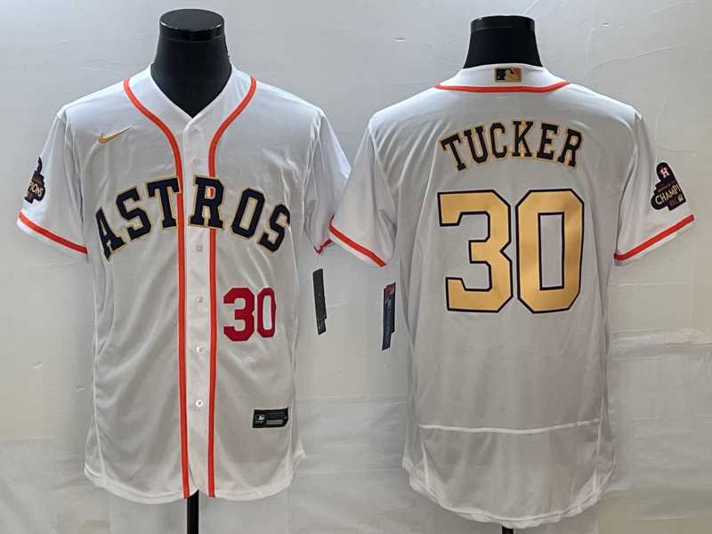 Men's Houston Astros #30 Kyle Tucker Number 2023 White Gold World Serise Champions Patch Flex Base Stitched MLB Jersey